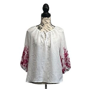 Oliva & Martin Ivory Embroidered Blouse Womens 3/4 Sleeve Boxy Boho Peasent M